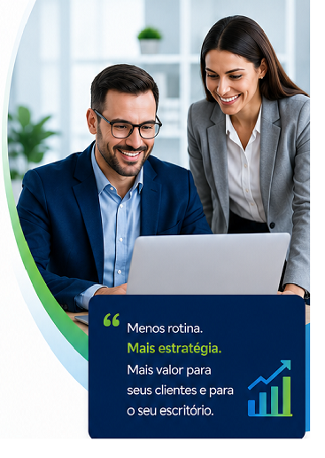 Equipe Contab.io — dois contadores felizes trabalhando juntos em notebook